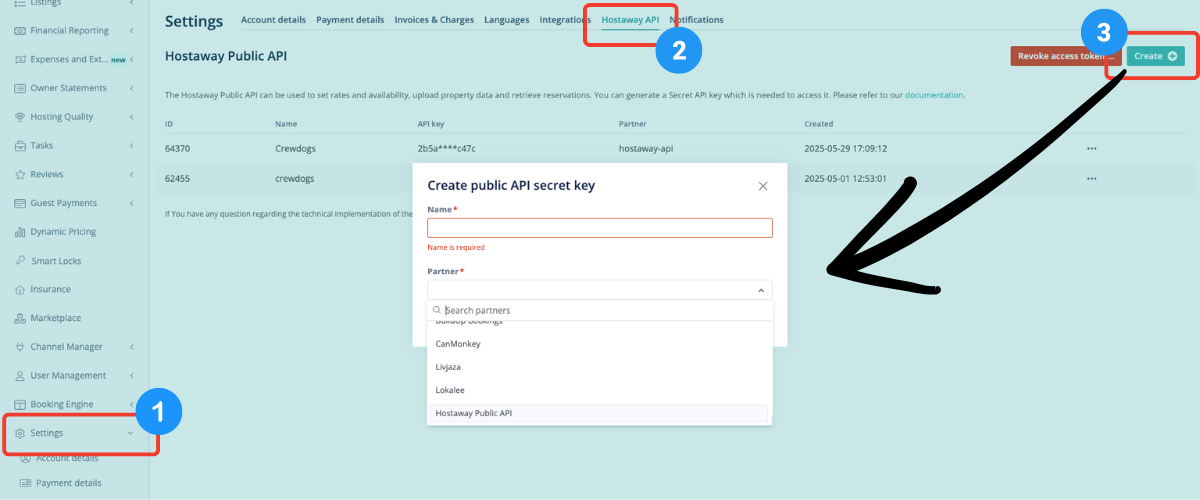 Hostaway create key