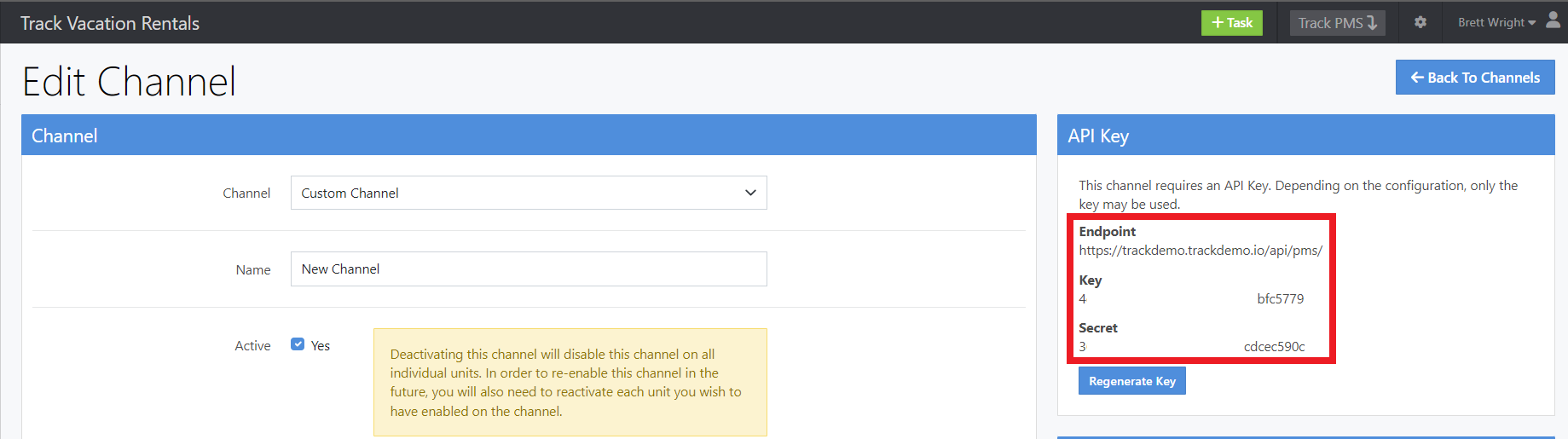 Track Edit Channel – API Key Section